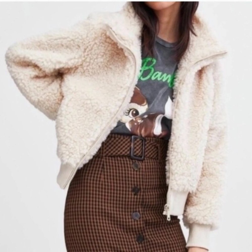 ZARA TRF COLLECTION TEDDY Sherpa JACKET FULL ZIP RIBBED CUFF HEM IVORY CREAM XS